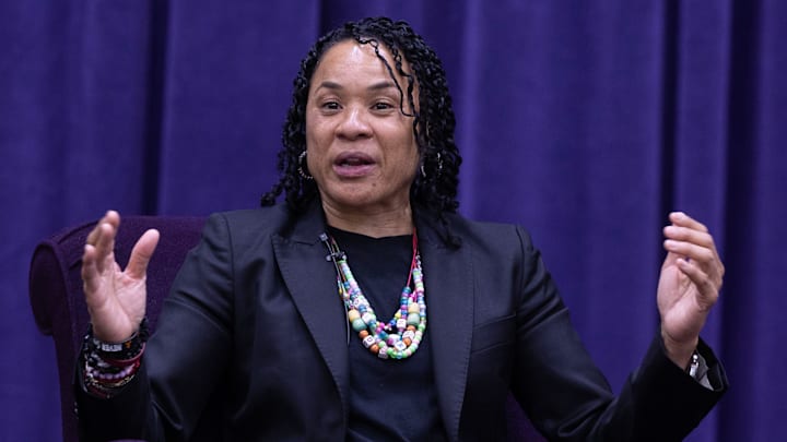 University of South Carolina women's basketball coach Dawn Staley answers a question by moderator Dan Hughes during the University of Mount Union's Schooler Lecture speaker series April 23, 2025, in Alliance, Ohio.