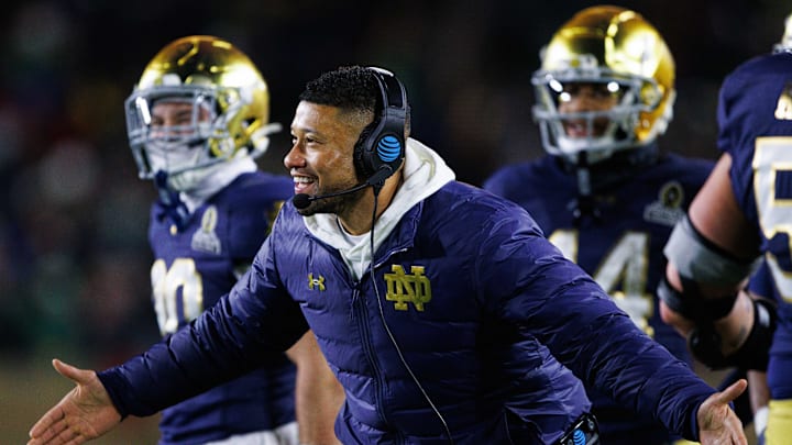 Notre Dame head coach Marcus Freeman celebrates a touchdown scored during the first round of the College Football Playoff between Notre Dame and Indiana. Notre Dame head coach Marcus Freeman celebrates a touchdown scored during the first round of the College Football Playoff between Notre Dame and Indiana.