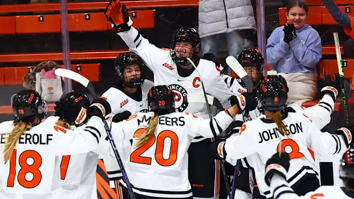 The Princeton women's hockey team celebrates after Issy Wunder (center) scored twice to lead an overtime win against Yale on Nov. 25, 2025. The Princeton women's hockey team celebrates after Issy Wunder (center) scored twice to lead an overtime win against Yale on Nov. 25, 2025.