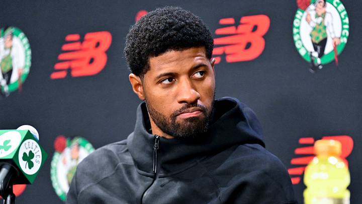 September 15, 2026; Boston, Massachusetts, USA; Boston Celtics forward Paul George (13) looks on during a press conference at The Auerbach Center at Boston Landing. Mandatory Credit: Eric Canha-Imagn Images