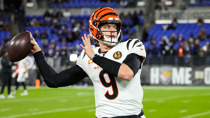 Bengals Joe Burrow (9) warms up before their game against the Ravens on Thanksgiving November 27, 2025 at M&T Stadium.