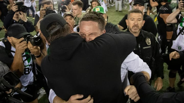 Oregon Ducks head coach Dan Lanning celebrates after defeating Ohio State as the No. 3 Oregon Ducks host the No. 2 Ohio State Buckeyes Saturday, Oct. 12, 2024 at Autzen Stadium in Eugene, Ore.