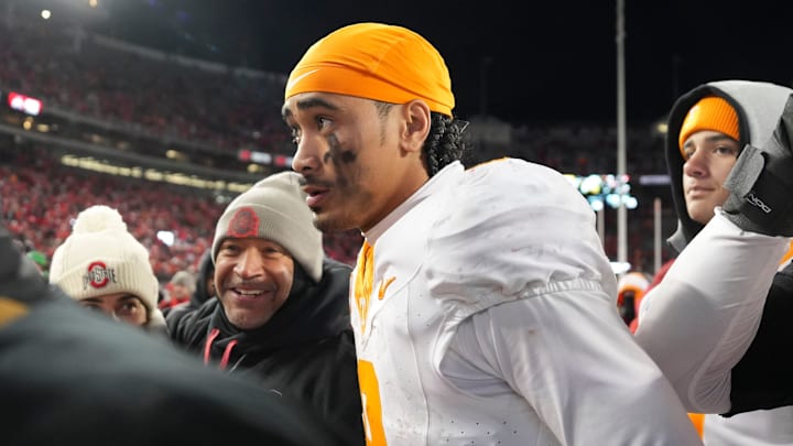Tennessee quarterback Nico Iamaleava (8) walks off the field after the loss to Ohio State in the NCAA college football playoff game on Saturday, Dec. 21, 2024, in Columbus, Ohio. Tennessee quarterback Nico Iamaleava (8) walks off the field after the loss to Ohio State in the NCAA college football playoff game on Saturday, Dec. 21, 2024, in Columbus, Ohio.