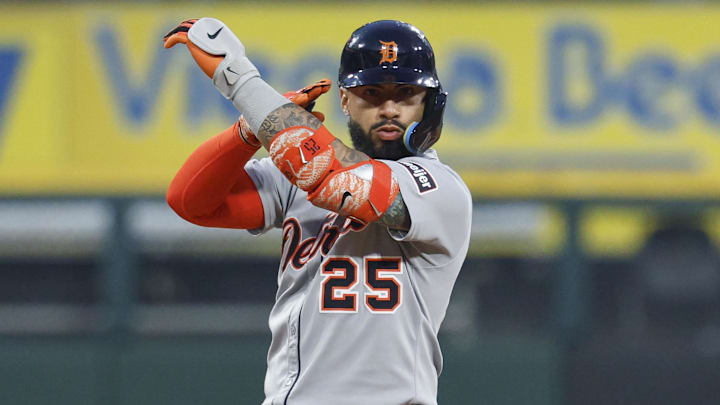 Jun 4, 2025; Chicago, Illinois, USA; Detroit Tigers second baseman Gleyber Torres (25) celebrates after hitting a double against the Chicago White Sox during the first inning at Rate Field. Mandatory Credit: Kamil Krzaczynski-Imagn Images