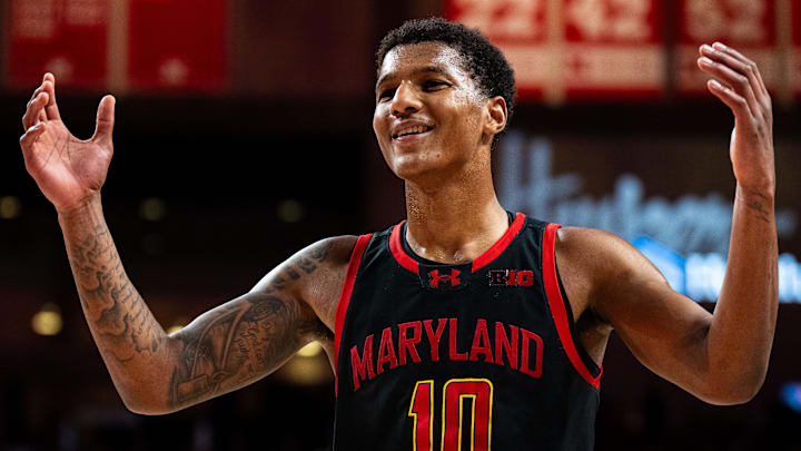 Feb 13, 2025; Lincoln, Nebraska, USA; Maryland Terrapins forward Julian Reese (10) gestures to the crowd after defeating the Nebraska Cornhuskers at Pinnacle Bank Arena. Mandatory Credit: Dylan Widger-Imagn Images