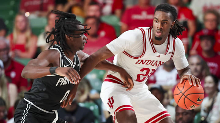 Indiana forward Mackenzie Mgbako (21) looks to score against Providence during the Battle 4 Atlantis.