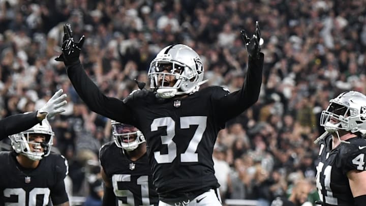 Nov 12, 2023; Paradise, Nevada, USA; Las Vegas Raiders cornerback Tyler Hall (37) and teammates