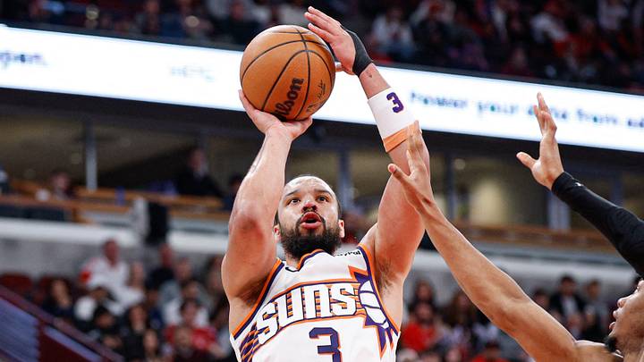 Apr 5, 2026; Chicago, Illinois, USA; Phoenix Suns forward Dillon Brooks (3) shoots against Chicago Bulls forward Isaac Okoro (35) during the second half at United Center. Mandatory Credit: Kamil Krzaczynski-Imagn Images Apr 5, 2026; Chicago, Illinois, USA; Phoenix Suns forward Dillon Brooks (3) shoots against Chicago Bulls forward Isaac Okoro (35) during the second half at United Center. Mandatory Credit: Kamil Krzaczynski-Imagn Images
