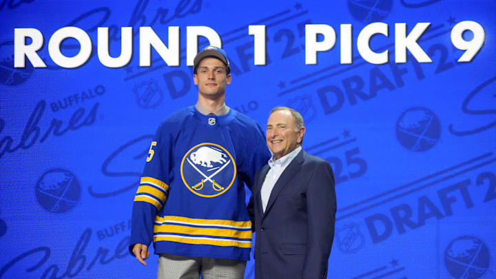 Jun 27, 2025; Los Angeles, California, USA; Radim Mrtka is selected as the ninth overall pick to the Buffalo Sabres in the first round of the 2025 NHL Draft at Peacock Theater. Mandatory Credit: Kirby Lee-Imagn Images