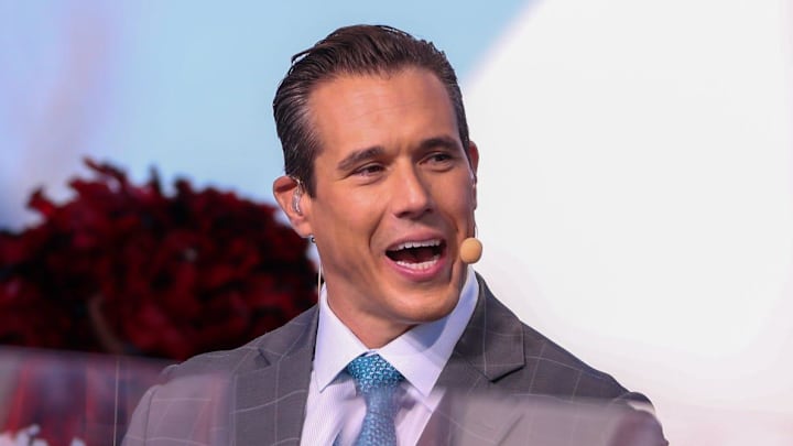Panelists Brady Quinn (left) and Mark Ingram speak during FOX's Big Noon Kickoff football pregame show at Texas Tech University, Saturday, November 9, 2024.