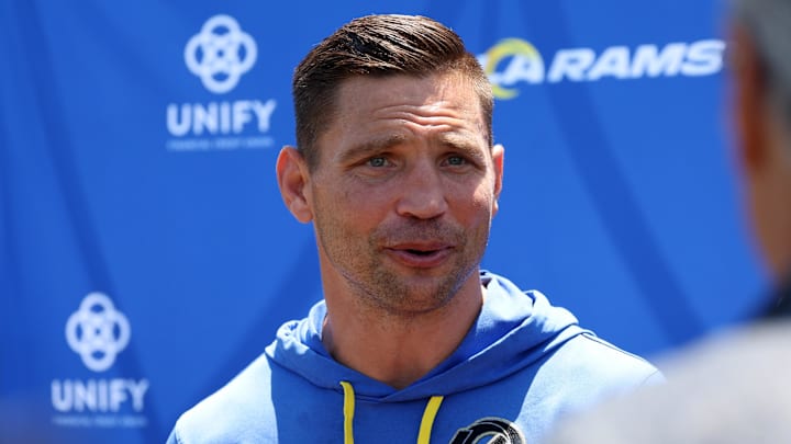 Jul 31, 2024; Los Angeles, CA, USA;  Los Angeles Rams defensive coordinator Chris Shula speaks to the media after training camp at Loyola Marymount University. Mandatory Credit: Kiyoshi Mio-Imagn Images