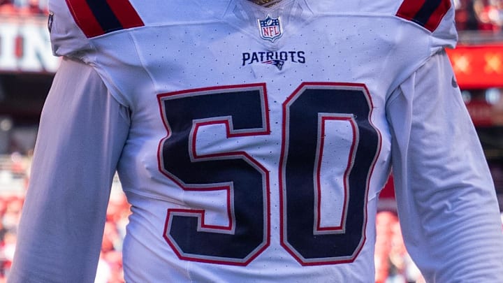 Sep 29, 2024; Santa Clara, California, USA; New England Patriots linebacker Raekwon McMillan (50) departs from the field after the game against the San Francisco 49ers at Levi's Stadium. Mandatory Credit: Neville E. Guard-Imagn Images