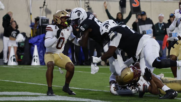 Michigan State WR Nick Marsh (6) muscles his way into the endzone for a touchdown against Boston College on Sept. 6, 2025.