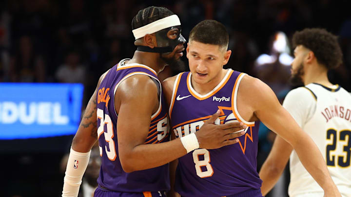 Mar 24, 2026; Phoenix, Arizona, USA; Phoenix Suns guard Grayson Allen (8) celebrates with teammate Jordan Goodwin (23) against the Denver Nuggets in the second half at Mortgage Matchup Center. Mandatory Credit: Mark J. Rebilas-Imagn Images