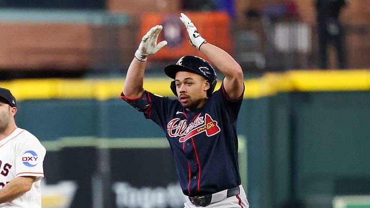 Sep 19, 2026; Houston, Texas, USA;  Atlanta Braves catcher Drake Baldwin (30) reacts to his double against the Houston Astros in the first inning at Daikin Park.  Mandatory Credit: Thomas Shea-Imagn Images
