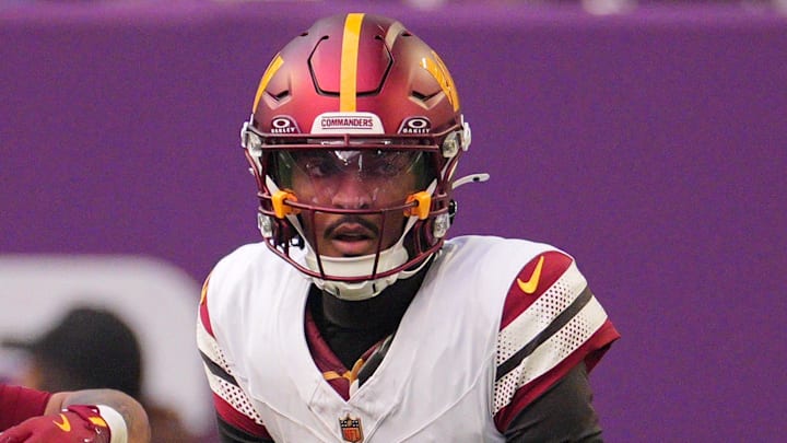 Dec 7, 2025; Minneapolis, Minnesota, USA; Washington Commanders quarterback Jayden Daniels (5) drops back to pass against the Minnesota Vikings during the first half at U.S. Bank Stadium. Mandatory Credit: Brad Rempel-Imagn Images Dec 7, 2025; Minneapolis, Minnesota, USA; Washington Commanders quarterback Jayden Daniels (5) drops back to pass against the Minnesota Vikings during the first half at U.S. Bank Stadium. Mandatory Credit: Brad Rempel-Imagn Images