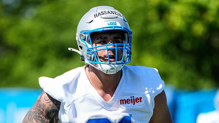Detroit Lions defensive lineman Ahmed Hassanein (61) practices during rookie mini camp at Meijer Performance Center in Allen Park on Friday, May 9, 2025. Detroit Lions defensive lineman Ahmed Hassanein (61) practices during rookie mini camp at Meijer Performance Center in Allen Park on Friday, May 9, 2025.