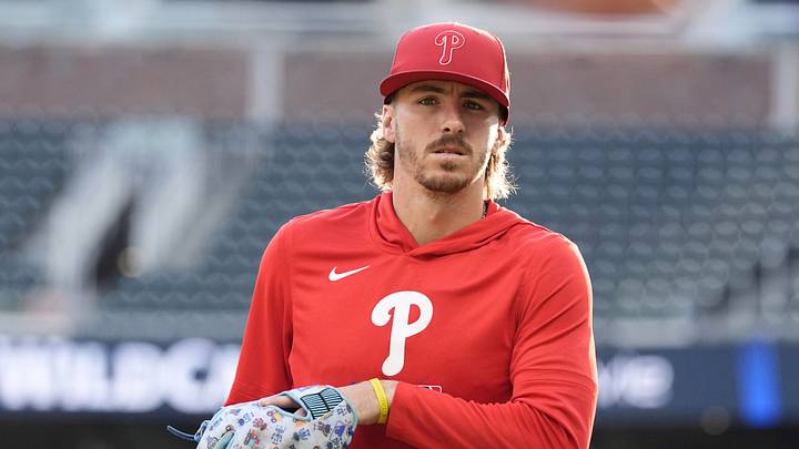 Oct 1, 2026; Cumberland, Georgia, USA;  Philadelphia Phillies infielder Bryson Stott (5) warms up before game three of the Wildcard round for the 2026 MLB Playoffs at Truist Field.  Mandatory Credit: Dale Zanine-Imagn Images