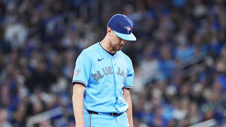 Apr 11, 2026; Toronto, Ontario, CAN; Toronto Blue Jays starting pitcher Eric Lauer (56) walks towards the dugout against the Minnesota Twins during the third inning at Rogers Centre. Mandatory Credit: Nick Turchiaro-Imagn Images