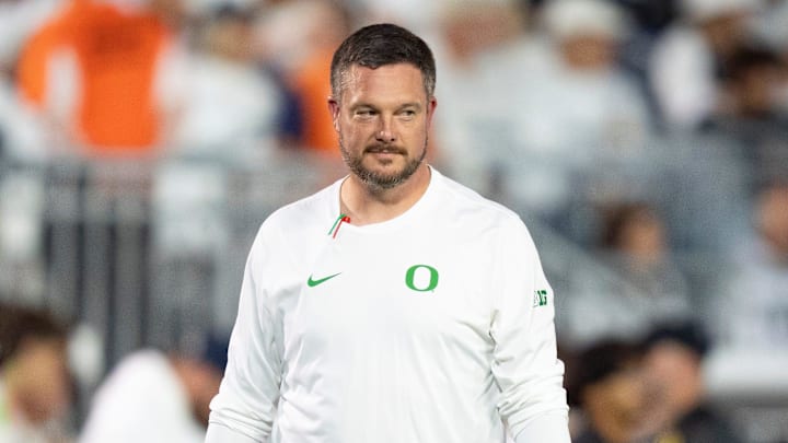 Oregon head coach Dan Lanning walks the field during warmups as the Oregon Ducks face the Penn State Nittany Lions on Sept. 27, 2025, at Beaver Stadium in University Park, Pennsylvania.