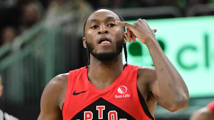 Feb 22, 2026; Milwaukee, Wisconsin, USA; Toronto Raptors guard Immanuel Quickley (5) reacts after scoring a 3-point basket against the Milwaukee Bucks in the third quarter at Fiserv Forum. Mandatory Credit: Benny Sieu-Imagn Images