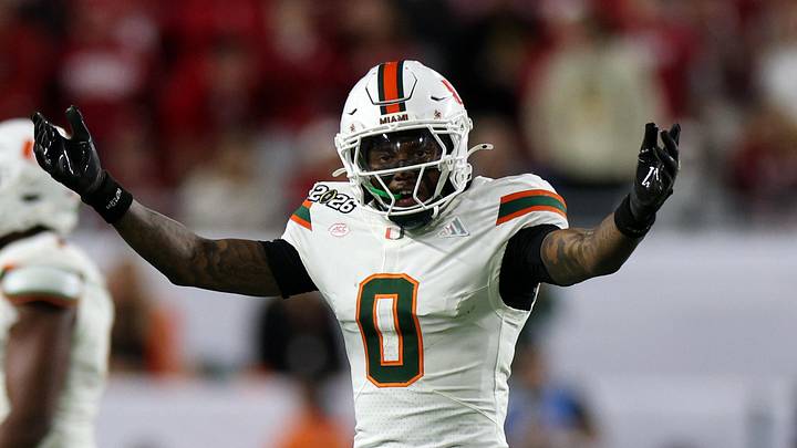 Jan 19, 2026; Miami Gardens, FL, USA; Miami Hurricanes defensive back Keionte Scott (0) reacts in the first half during the College Football Playoff National Championship game at Hard Rock Stadium. Mandatory Credit: Nathan Ray Seebeck-Imagn Images