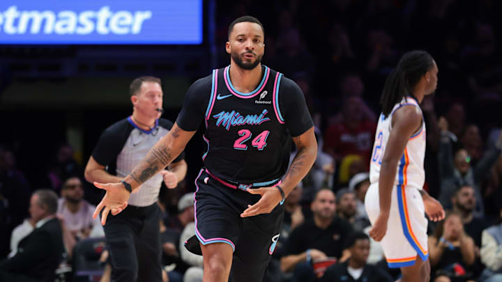 Jan 17, 2026; Miami, Florida, USA; Miami Heat guard Norman Powell (24) reacts after scoring against the Oklahoma City Thunder during the second quarter at Kaseya Center. Mandatory Credit: Sam Navarro-Imagn Images