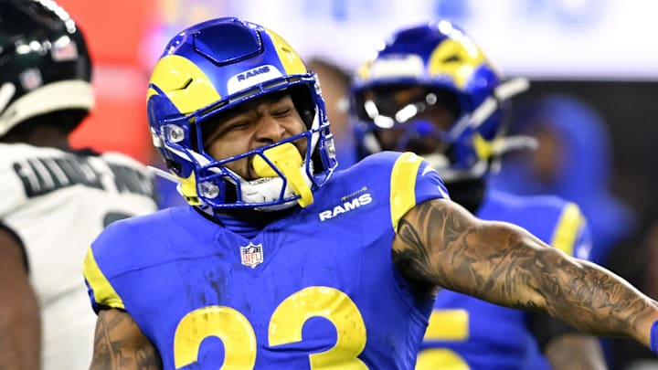 Nov 24, 2024; Inglewood, California, USA;  Los Angeles Rams running back Kyren Williams (23) reacts after a long run against the Philadelphia Eagles during the first half at SoFi Stadium. Mandatory Credit: Alex Gallardo-Imagn Images