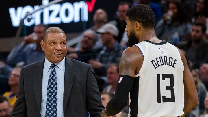Mar 10, 2020; San Francisco, California, USA; LA Clippers head coach Doc Rivers talks to guard Paul George (13) during a break in the second half against the Golden State Warriors at Chase Center. Mandatory Credit: John Hefti-USA TODAY Sports