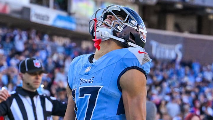 Dec 21, 2025; Nashville, Tennessee, USA; Tennessee Titans wide receiver Chimere Dike (17) celebrates his touchdown against the Kansas City Chiefs during the second half at Nissan Stadium. Mandatory Credit: Steve Roberts-Imagn Images Dec 21, 2025; Nashville, Tennessee, USA; Tennessee Titans wide receiver Chimere Dike (17) celebrates his touchdown against the Kansas City Chiefs during the second half at Nissan Stadium. Mandatory Credit: Steve Roberts-Imagn Images