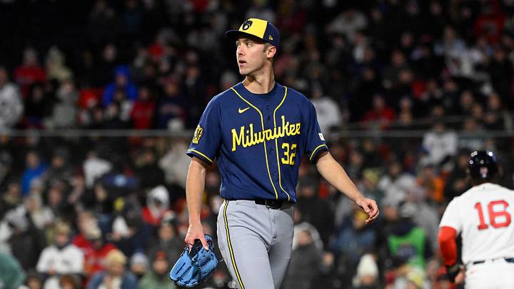 Apr 7, 2026; Boston, Massachusetts, USA; Milwaukee Brewers starting pitcher Jacob Misiorowski (32) is relieved of pitching duties against the Boston Red Sox during sixth inning at Fenway Park. Mandatory Credit: Eric Canha-Imagn Images Apr 7, 2026; Boston, Massachusetts, USA; Milwaukee Brewers starting pitcher Jacob Misiorowski (32) is relieved of pitching duties against the Boston Red Sox during sixth inning at Fenway Park. Mandatory Credit: Eric Canha-Imagn Images