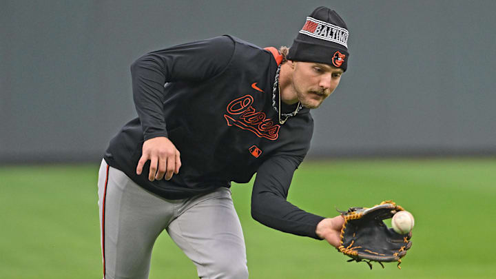 Apr 4, 2025; Kansas City, Missouri, USA; Baltimore Orioles shortstop Gunnar Henderson (2) takes fielding practice before a game against the Kansas City Royals at Kauffman Stadium. Apr 4, 2025; Kansas City, Missouri, USA; Baltimore Orioles shortstop Gunnar Henderson (2) takes fielding practice before a game against the Kansas City Royals at Kauffman Stadium.