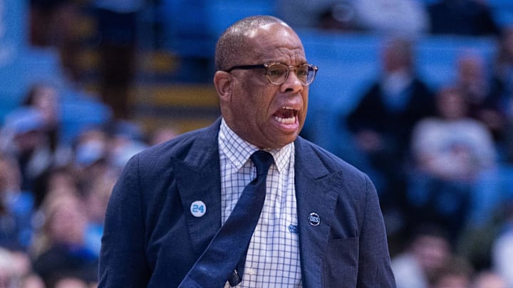 Dec 16, 2025; Chapel Hill, North Carolina, USA; North Carolina Tar Heels head coach Hubert Davis reacts during the first half against the ETSU Buccaneers at Dean E. Smith Center. Mandatory Credit: Scott Kinser-Imagn Images