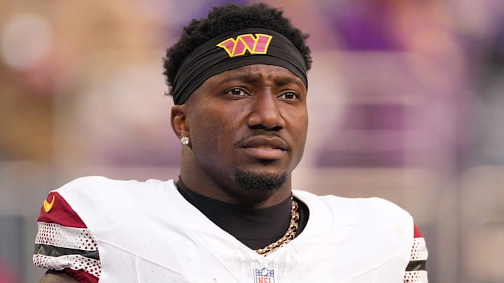 Dec 7, 2025; Minneapolis, Minnesota, USA; Washington Commanders wide receiver Deebo Samuel Sr. (1) takes the field to practice before the game at U.S. Bank Stadium. Mandatory Credit: Brad Rempel-Imagn Images
