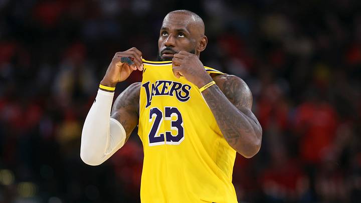 Los Angeles Lakers forward LeBron James (23) looks up during the fourth quarter against the Houston Rockets during game three of the first round of the 2026 NBA Playoffs at Toyota Center on Apr. 24, 2026. Los Angeles Lakers forward LeBron James (23) looks up during the fourth quarter against the Houston Rockets during game three of the first round of the 2026 NBA Playoffs at Toyota Center on Apr. 24, 2026.