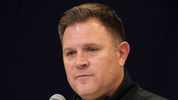 Feb 25, 2025; Indianapolis, IN, USA; Green Bay Packers general manager Brian Gutekunst speaks during the NFL Scouting Combine at the Indiana Convention Center. Mandatory Credit: Kirby Lee-Imagn Images Feb 25, 2025; Indianapolis, IN, USA; Green Bay Packers general manager Brian Gutekunst speaks during the NFL Scouting Combine at the Indiana Convention Center. Mandatory Credit: Kirby Lee-Imagn Images