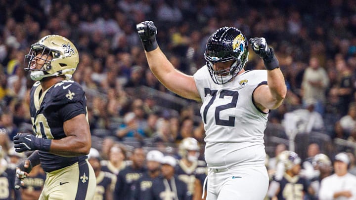 Aug 17, 2025; New Orleans, Louisiana, USA;  Jacksonville Jaguars offensive tackle Walker Little (72) reacts to a touchdown against the New Orleans Saints during the first half at Caesars Superdome. Mandatory Credit: Stephen Lew-Imagn Images