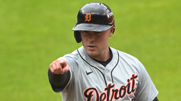 Oct 12, 2024; Cleveland, Ohio, USA; Detroit Tigers outfielder Kerry Carpenter (30) celebrates in the fifth inning against the Cleveland Guardians during game five of the ALDS for the 2024 MLB Playoffs at Progressive Field