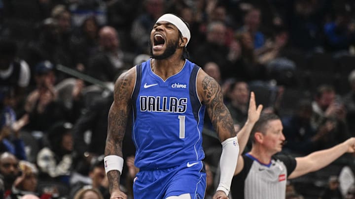 Jan 9, 2025; Dallas, Texas, USA; Dallas Mavericks guard Jaden Hardy (1) celebrates after he makes a three point basket against the Portland Trail Blazers during the second quarter at the American Airlines Center. Mandatory Credit: Jerome Miron-Imagn Images