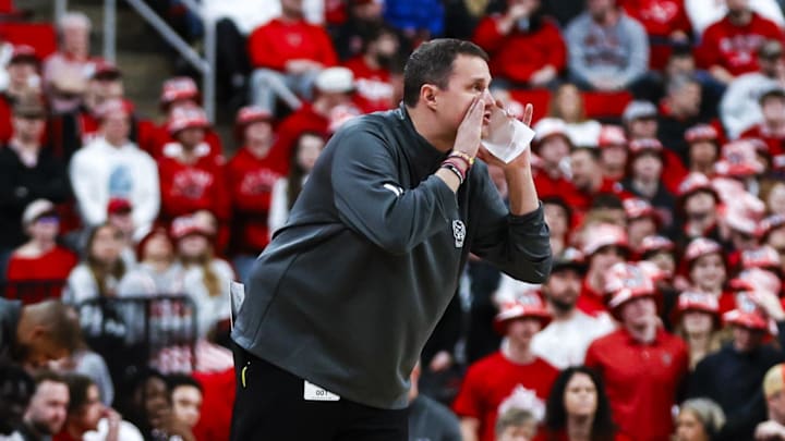 Feb 7, 2026; Raleigh, North Carolina, USA; NC State Wolfpack head coach Will Wade reacts during the first half of the game against the Virginia Tech Hokies at Lenovo Center. Mandatory Credit: Jaylynn Nash-Imagn Images