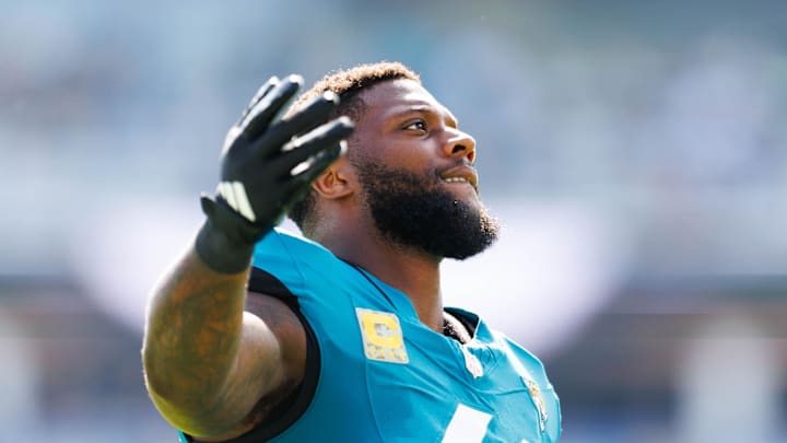 Nov 16, 2025; Jacksonville, Florida, USA; Jacksonville Jaguars defensive end Josh Hines-Allen (41) before the game against the Los Angeles Chargers at EverBank Stadium. Mandatory Credit: Morgan Tencza-Imagn Images