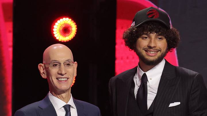Adam Silver greets the nineteenth pick in the 2026 NBA draft, Santa Clara forward Allen Graves. Adam Silver greets the nineteenth pick in the 2026 NBA draft, Santa Clara forward Allen Graves.