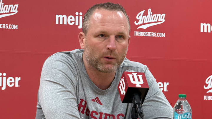 Indiana basketball coach Darian DeVries speaks to reporters Feb. 19, 2026, at the Simon Skjodt Assembly Hall in Bloomington.