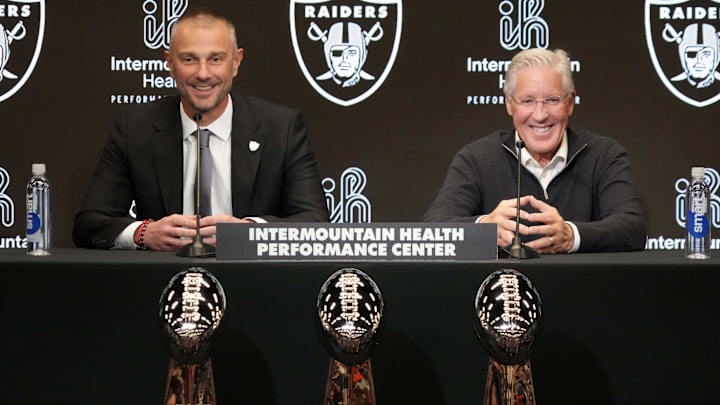 Jan 27, 2025; Las Vegas, NV, USA; Las Vegas Raiders general manager John Spytek (left) and coach Pete Carroll at press conference at Intermountain Health Performance Center. Mandatory Credit: Kirby Lee-Imagn Images