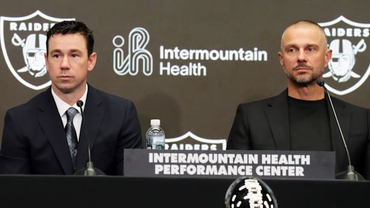 Feb 10, 2026; Henderson, NV, USA; Las Vegas Raiders coach Klint Kubiak (left) and general manager John Spytek at introductory press conference at Intermountain Health Performance Center. Mandatory Credit: Kirby Lee-Imagn Images Feb 10, 2026; Henderson, NV, USA; Las Vegas Raiders coach Klint Kubiak (left) and general manager John Spytek at introductory press conference at Intermountain Health Performance Center. Mandatory Credit: Kirby Lee-Imagn Images