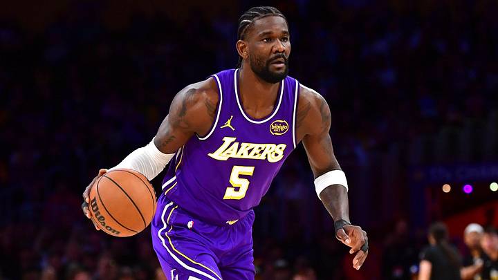 Apr 29, 2026; Los Angeles, California, USA; Los Angeles Lakers center Deandre Ayton (5) moves the ball against the Houston Rockets during the first half in game five of the first round of the 2026 NBA Playoffs at Crypto.com Arena. Mandatory Credit: Gary A. Vasquez-Imagn Images