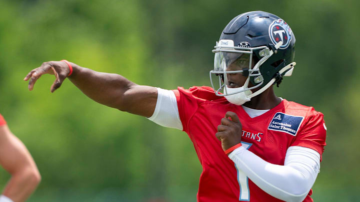 Tennessee Titans quarterback Cam Ward throws in drills during OTAs at Ascension Saint Thomas Sports Park.