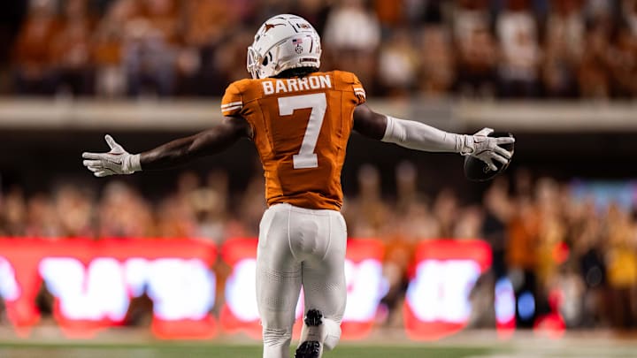 Oct 19, 2024; Austin, Texas, USA; Texas Longhorns cornerback Jahdae Barron (7) celebrates an interception in the first quarter against the Georgia Bulldogs at Darrell K Royal-Texas Memorial Stadium.