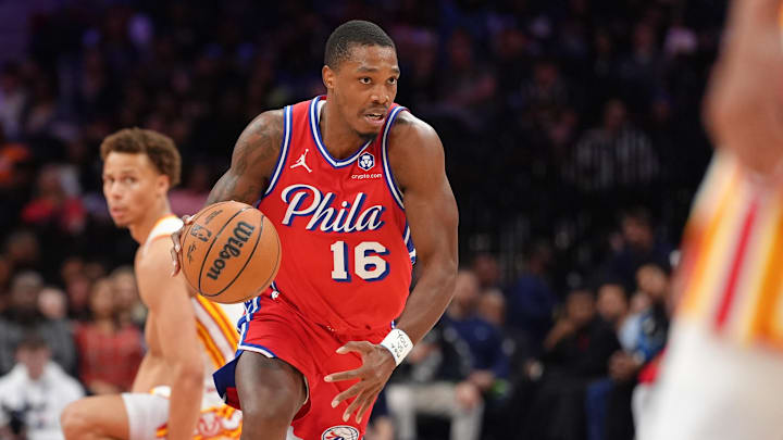 Apr 11, 2025; Philadelphia, Pennsylvania, USA; Philadelphia 76ers guard Lonnie Walker IV (16) drives with the ball against the Atlanta Hawks in the third quarter at Wells Fargo Center. Mandatory Credit: Kyle Ross-Imagn Images