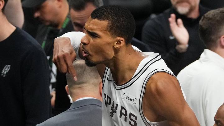 May 24, 2026; San Antonio, Texas, USA;  San Antonio Spurs center Victor Wembanyama (1) reacts after the second quarter against the Oklahoma City Thunder during game four of the western conference finals for the 2026 NBA playoffs at Frost Bank Center. Mandatory Credit: Scott Wachter-Imagn Images